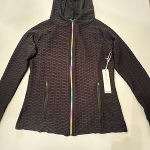 ARA SPORTS BLACK HONEYCOMB PASTEL RAINBOW ZIP FRONT HOODIE. SIZE LARGE